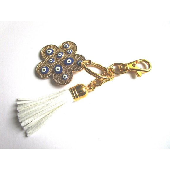 Gold tone blue evil eye flower charm key chain white leather tassel purse charm - Picture 3 of 9